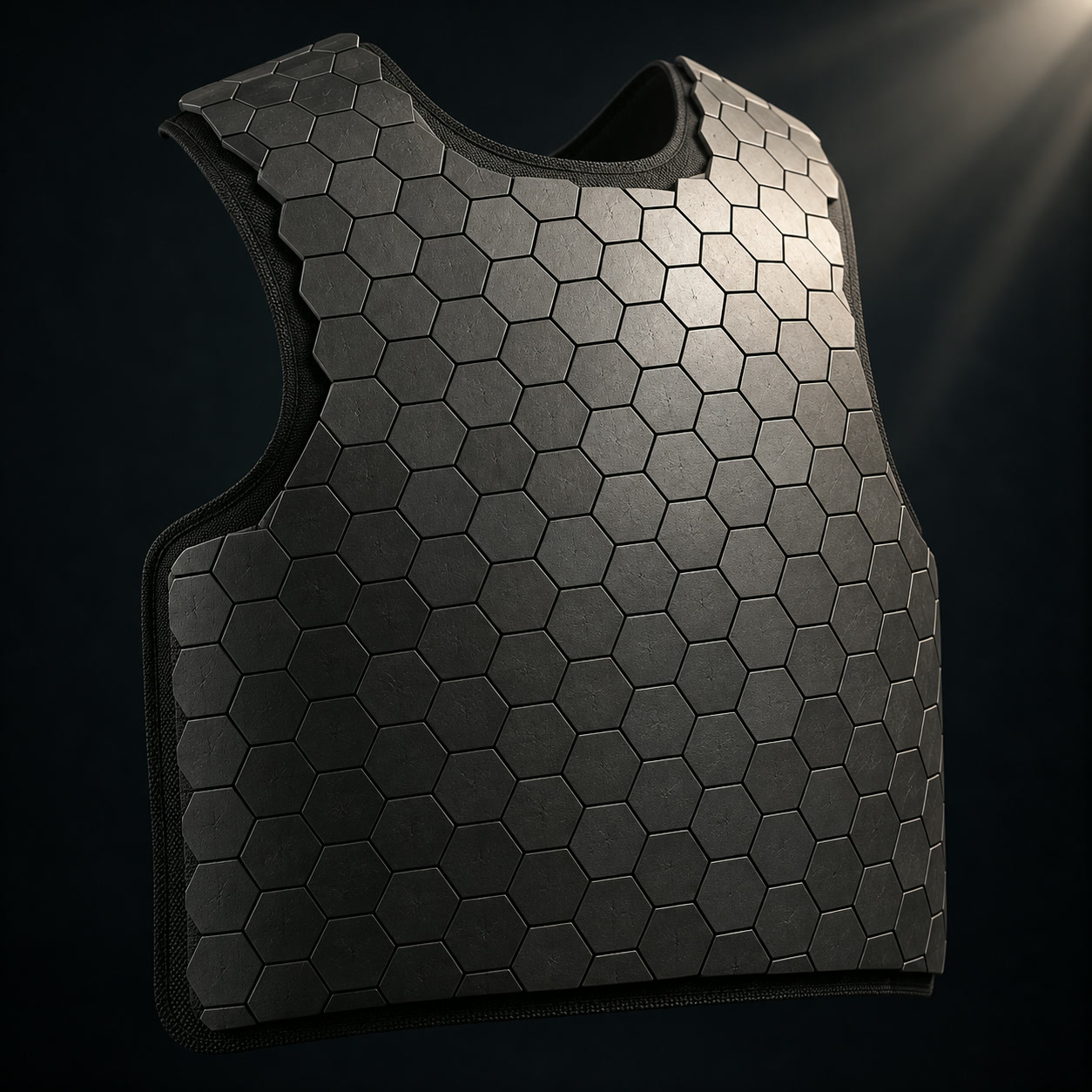 Bare curved Hexar panel of tightly fitted black hexagonal ceramic tiles